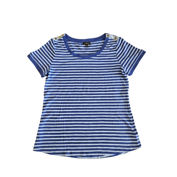 Talbots Women's Blue Striped Button Shoulder Tee Size XS NWT - Picture 1 of 8